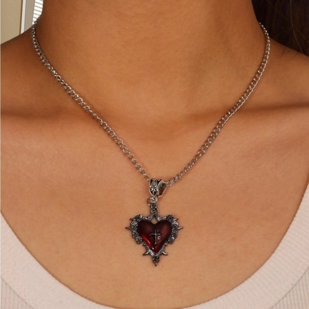 Silver and Red Gothic Heart Pendant Necklace